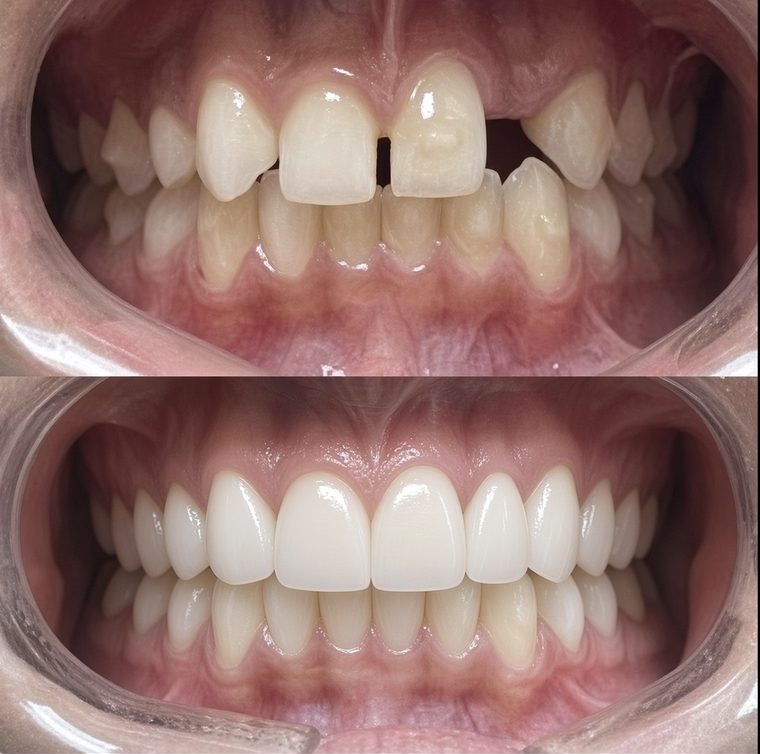 Before and after treatment at A+ Smile in Fort Lauderdale: upper front teeth restored with crowns and veneers